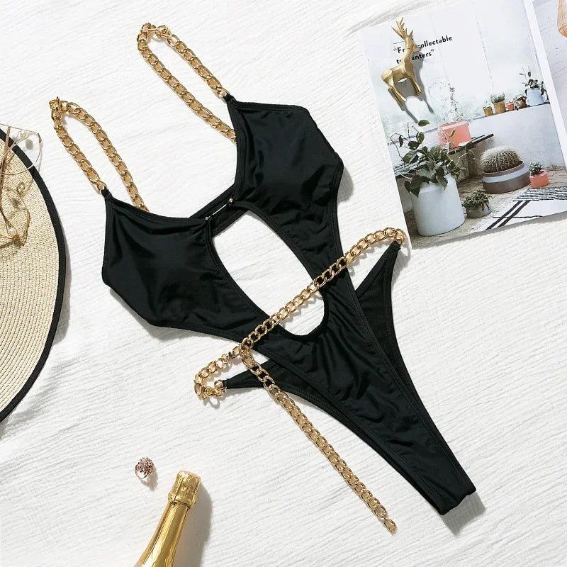 Sexy Metal Chains String High Cut One Piece Swimsuit Women Swimwear Female Monokini Tummy Cut Out Bathing Suit Swim Beach Wear Luxlife Brands
