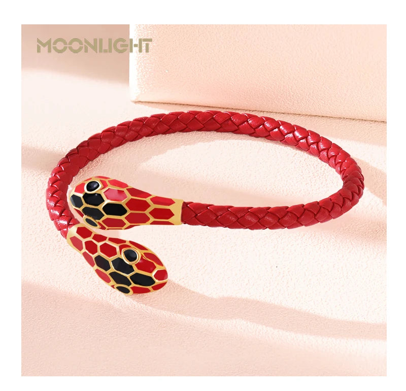 Double Snake Head Cuff Bangles Braided Leather