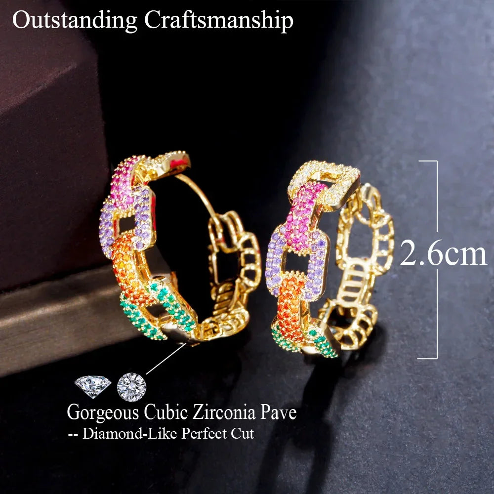 CWWZircons New Trendy Colorful Micro Pave CZ Stones Gold Plated Geometric Cuban Chain Link Hoop Earrings for Women Jewelry CZ345 LUXLIFE BRANDS