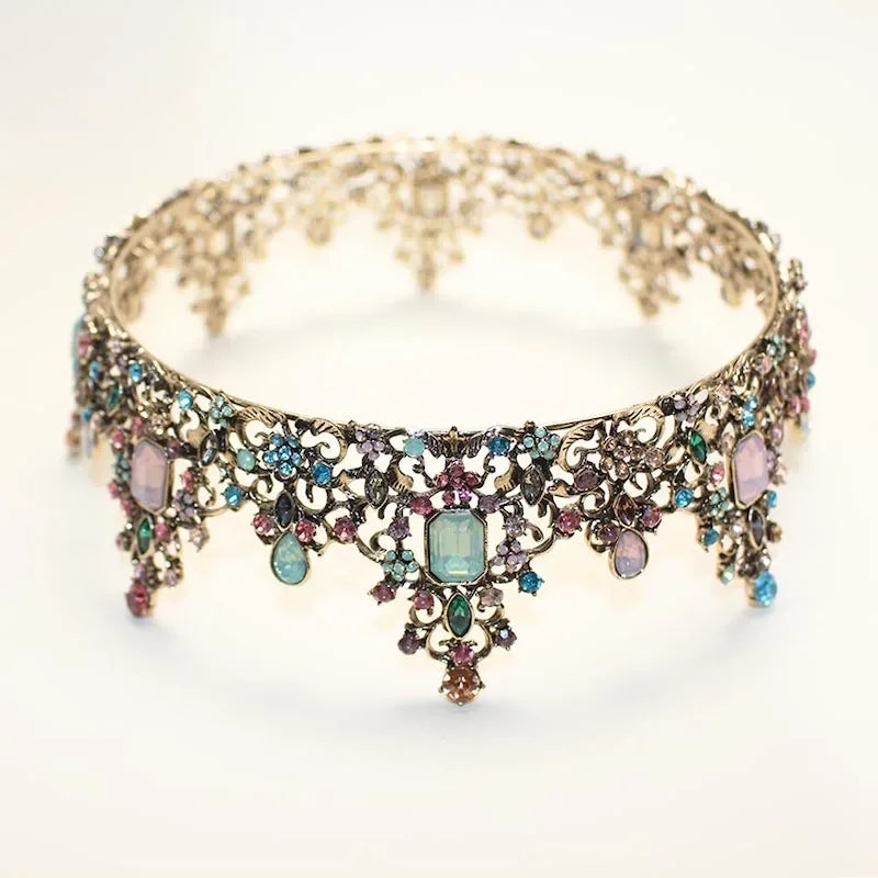 Round Colorful Crystal Rhinestone Wedding Queen Crown Headwear Retro Bridal Crown Color Headwear Crown Party Dress Hair Accessor