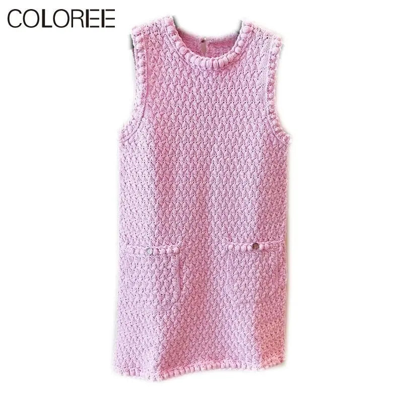 Pink Black Knitted Dress Women Elegant Luxury O-neck Sleeveless Pockets A-line Mini Dresses 2023 Vestido Feminino