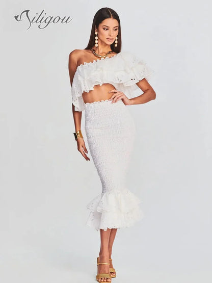 Women's Top+High Waist Midi Skirt Set