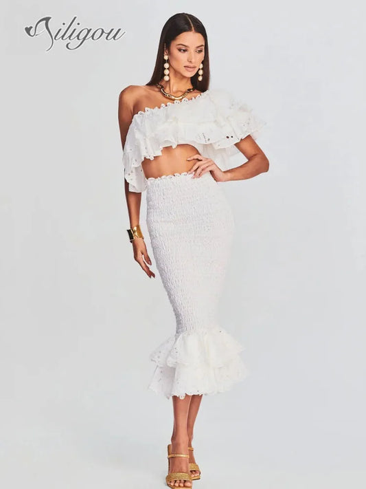 Women's Top+High Waist Midi Skirt Set