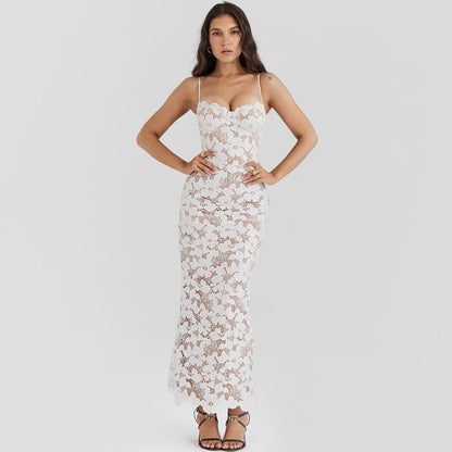 Women's White Lace Up Long Maxi Dress