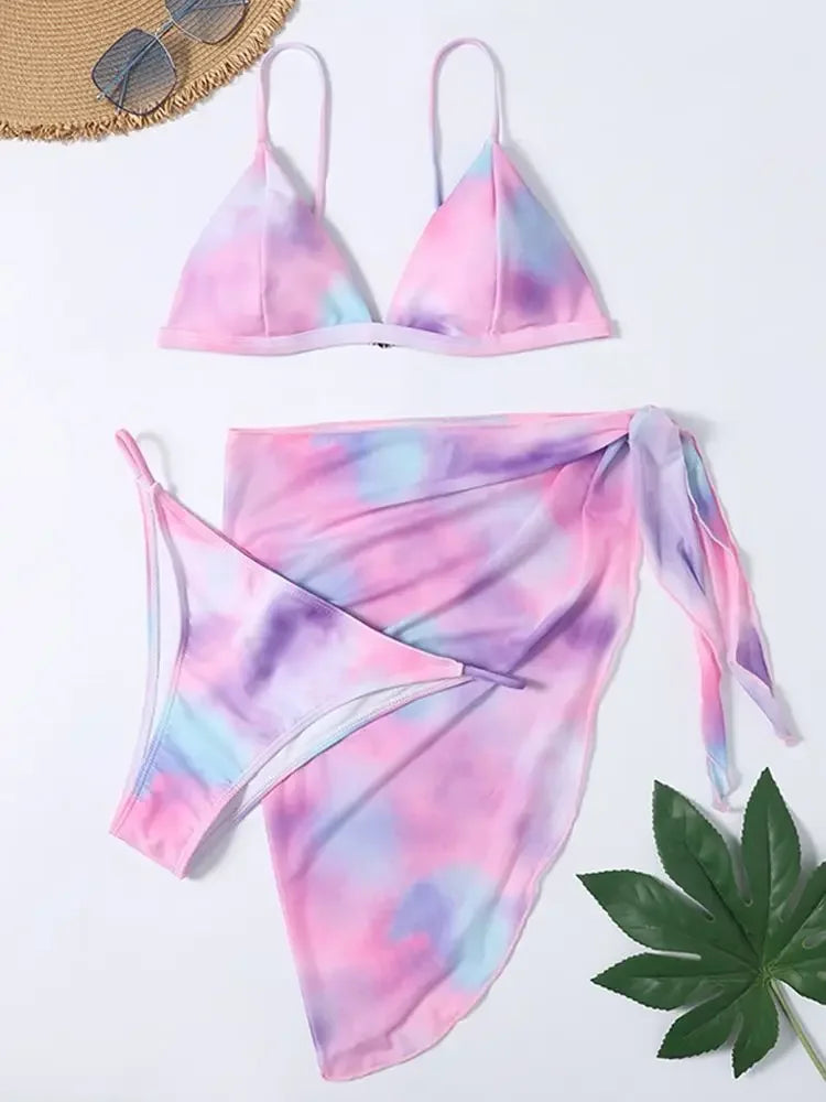 2025 New Sexy Three Pieces Bikini Set Tie-Dye Swimwear Women Swimsuit Female Bikini With Sarong Bathing Suit Beachwear Swim Lady