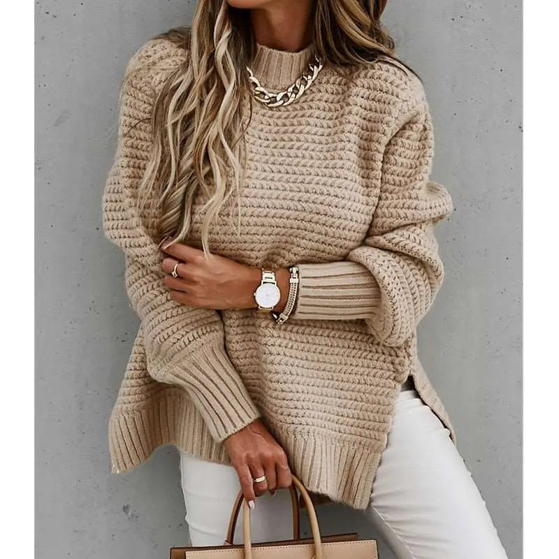 2023 Winter New Women's Knitted Sweaters Half High Neck Solid Color Strap Side Split Knitted Sweater Pullovers