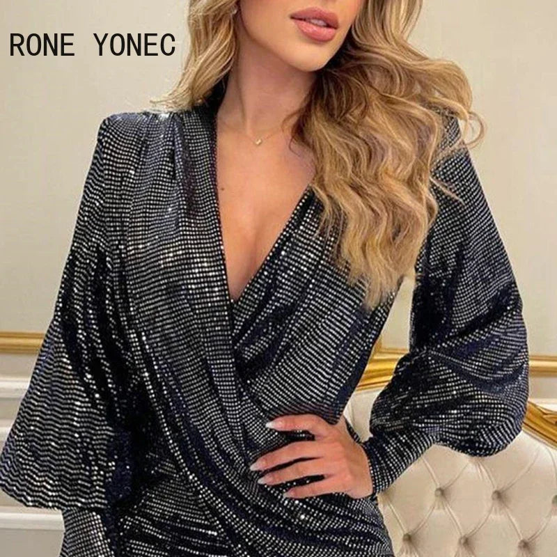 Women Solid  V neck Bishop Sleeve Sequins Wrap Asymmetrical Sexy Rompers LUXLIFE BRANDS