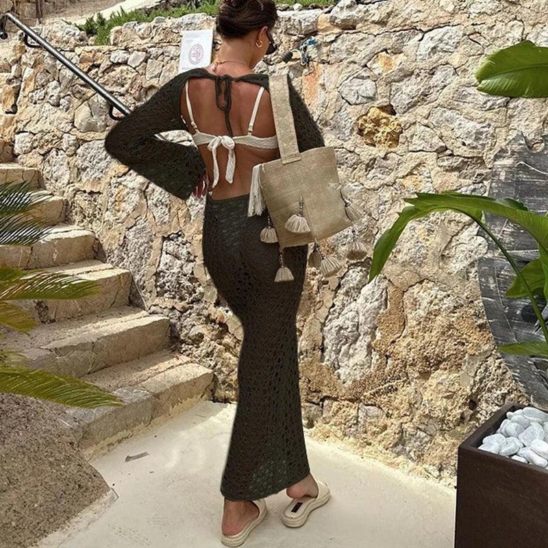 Women's Sexy Swimwear Cover Up Beach Crochet Covers Bikini Coverups Vacation Outfits with Mesh Sheer Maxi Dress For Beach Mujer