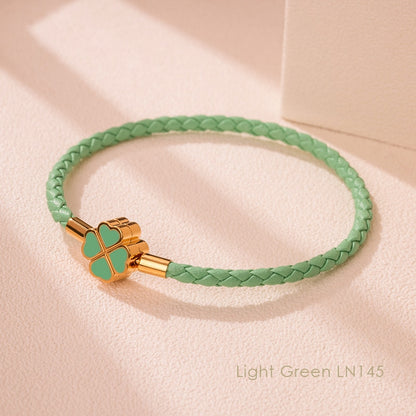 Green Four-Leaf Clover Lucky Bracelet For Women Genuine Braided Leather Bracelet 9 Colors Birthday Party Jewelry ChiristmasGifts