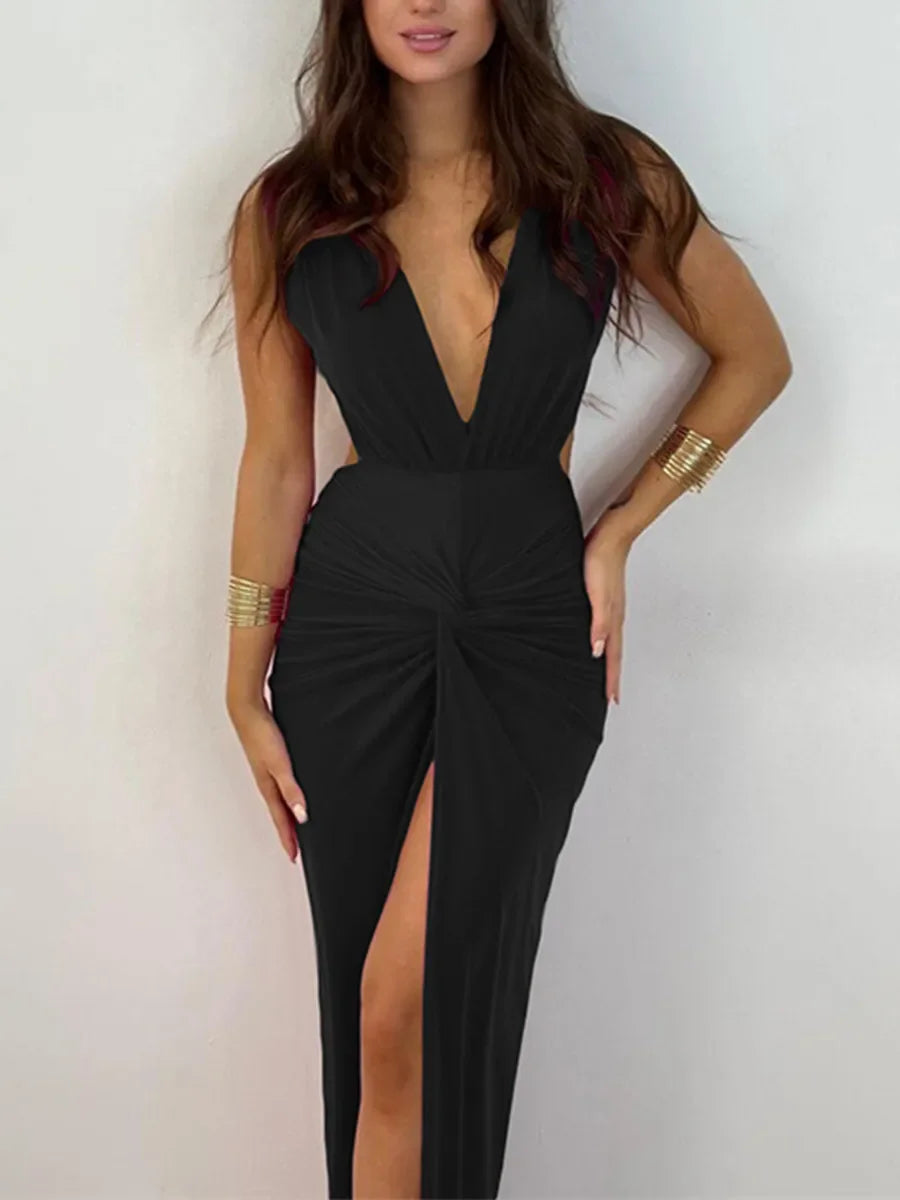 Fashion Backless Wrapped Slit Bodycon Dress for Women Summer Elegant Fashion Sleeveless Deep V Neck Twist Ruched Long Tank Dress LUXLIFE BRANDS