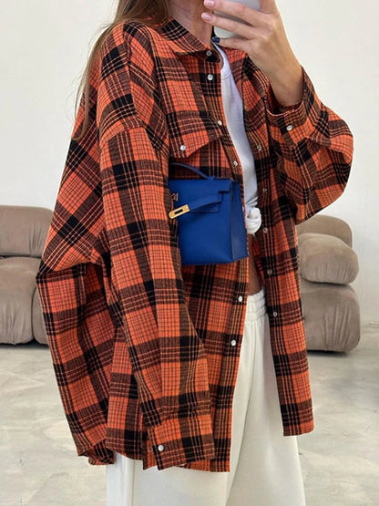 Aynaray 2023 Women Vintage Oversized Plaid Shirt Classic Long Sleeve Loose Fit Blouse For Woman Autumn Winter