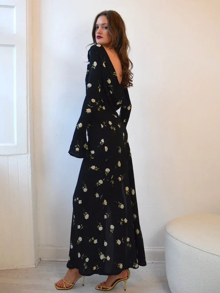 Chiffon Floral Print Long Sleeve Backless Maxi Dress LUXLIFE BRANDS
