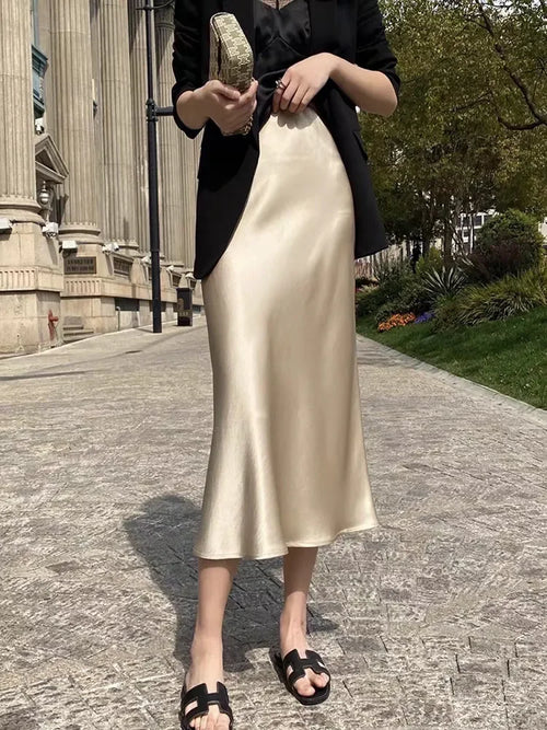 Silk Satin Skirts for Women Korean Style Champagne Office High Waist A-line Skirt Fashion Elegant Solid Long Pencil Skirt 2024 LUXLIFE BRANDS