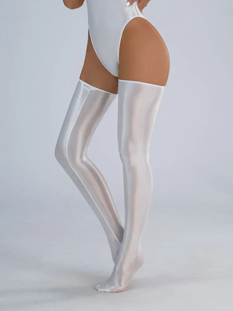 Women Candy Color Oil Glossy Elastic Bodysuit Bodycon Rompers One-piece Swimsuit Silky Tights Satin Backless Shaper Sexy Leotard