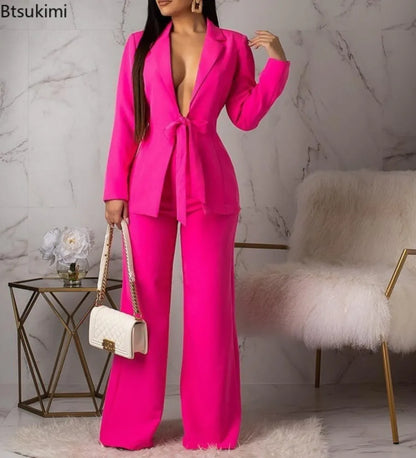 New 2024 Women's Formal Business Suit Sets Office Wear Two Piece Blazer Pants Sets Professional Woman Suit With Waist Tied Sets