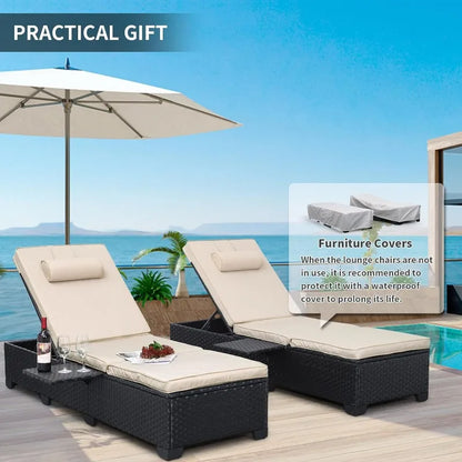 WAROOM Outdoor PE Wicker Chaise Lounge Chairs Set of 2 Patio Rattan Reclining Chair Adjustable Backrest Sunbathing Recliners