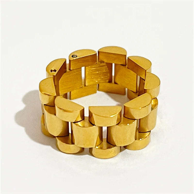 Peri'sbox Solid Gold Pvd Plated Bold Wide Thick Ring for Women Chunky Link Chain Stainless Steel Strap Finger Rings Jewelry