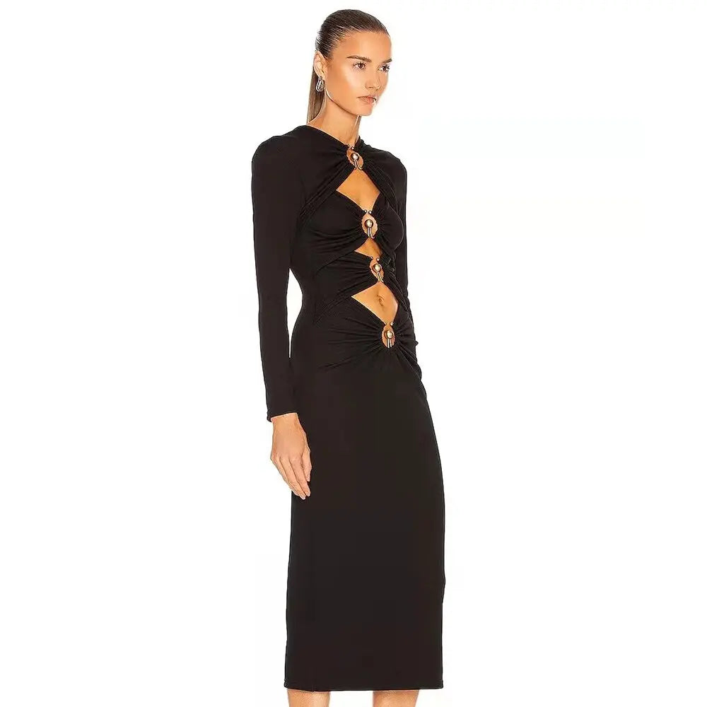 2023 New Fashion Women Hollow Bandage Dress Sexy O Neck Full Sleeve Metal Button Design Tight Midi Party Club Dresses Vestidos