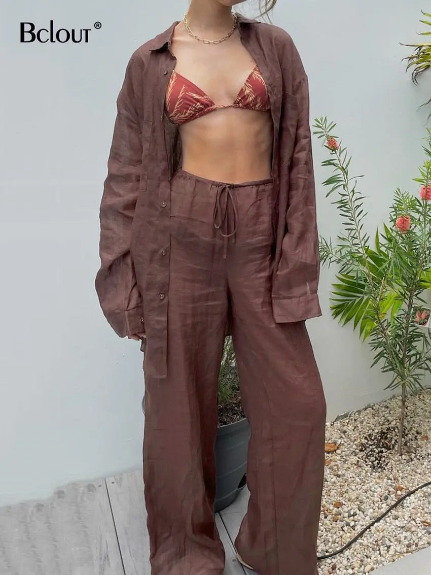 Bclout Summer Khaki Linen Pants Sets Women 2 Pieces Outfits Long Sleeve Loose Blouses Fashion Elastic Waist Wide Leg Pants Suits