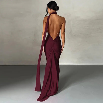 One Shoulder Backless Adjustable Scarf Loop Ruched Sexy Maxi Dress 2023 Women Elegant Y2K Vintage Dress Fashion Summer Robe Size