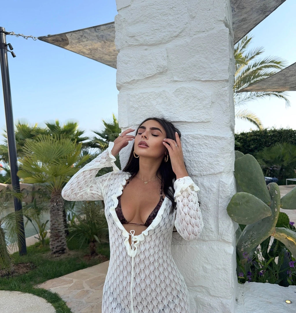 Sexy Frill Big V Neck Hollow Out Long Sleeve Maxi Dress Summer 2025 Feminine Swimwear Bikini Cover Up Women Holiday Outfits K221 Luxlife Brands