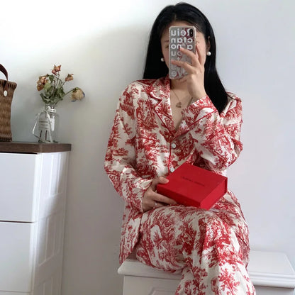 Fashion Print Flower 2PCS Pajamas Set Women Sleepwear Spring Summer Trouser Suits Lounge Wear Loose Satin Homewear Pijamas Suit