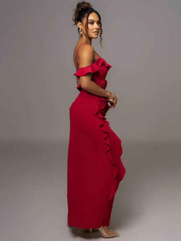 Mozision Elegant Ruffle Sexy Maxi Dress Women Spaghetti Strap Flower Sleeveless Backless High Split Club Party Evening Dress LUXLIFE BRANDS