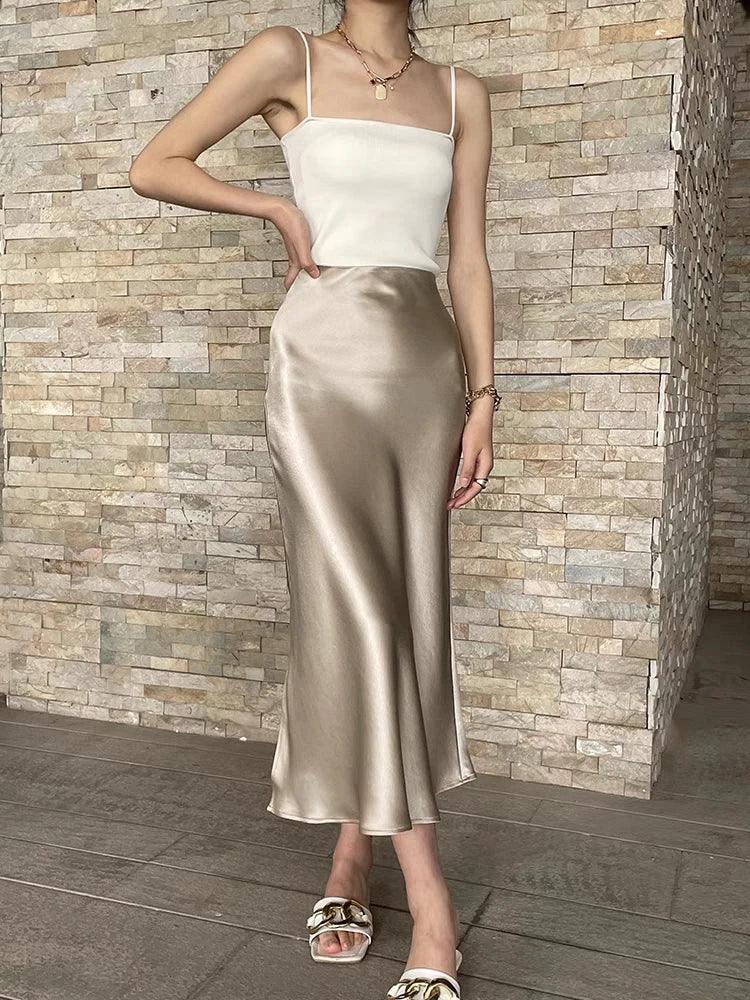Silk Satin Skirts for Women Korean Style Champagne Office High Waist A-line Skirt Fashion Elegant Solid Long Pencil Skirt 2024 LUXLIFE BRANDS