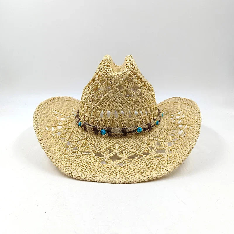Hand-woven hollow denim straw hat men's and women's summer sunscreen hat western cowboy straw hat sombrero mujer sombrero hombre