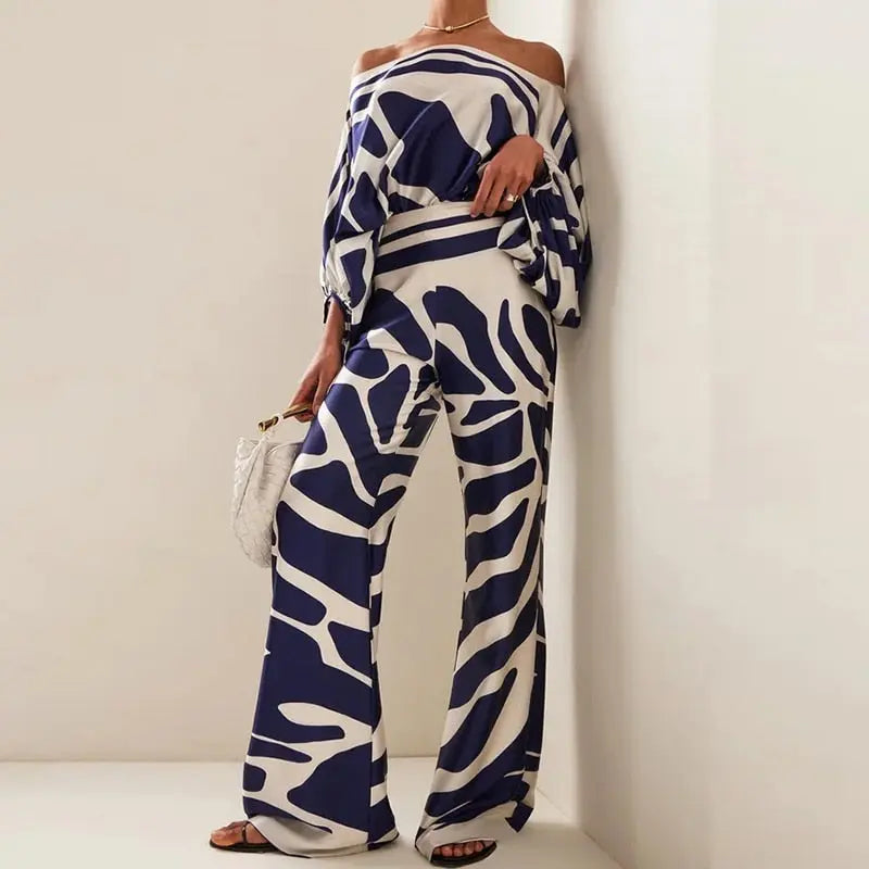 Casual Satin Commuting Suit Fashion Hollow Off Shoulder Tops With Long Pants Women 2 Piece Sets 2023 Spring Loose Print Outfits