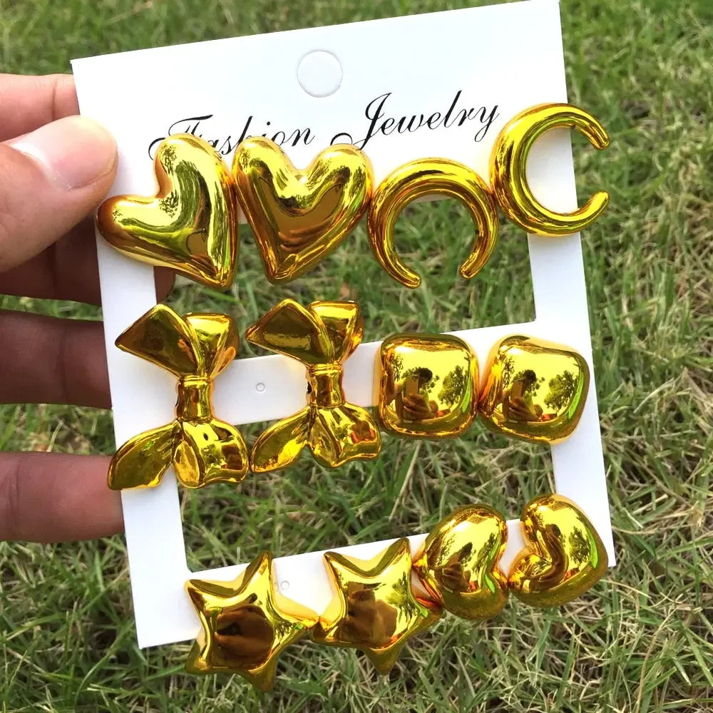New 6 pair/set Metallic Color Acrylic Y2K Stud Earrings for Women Rock Heart Moon Star Bowknot Square Earring Korea Jewelry Sets