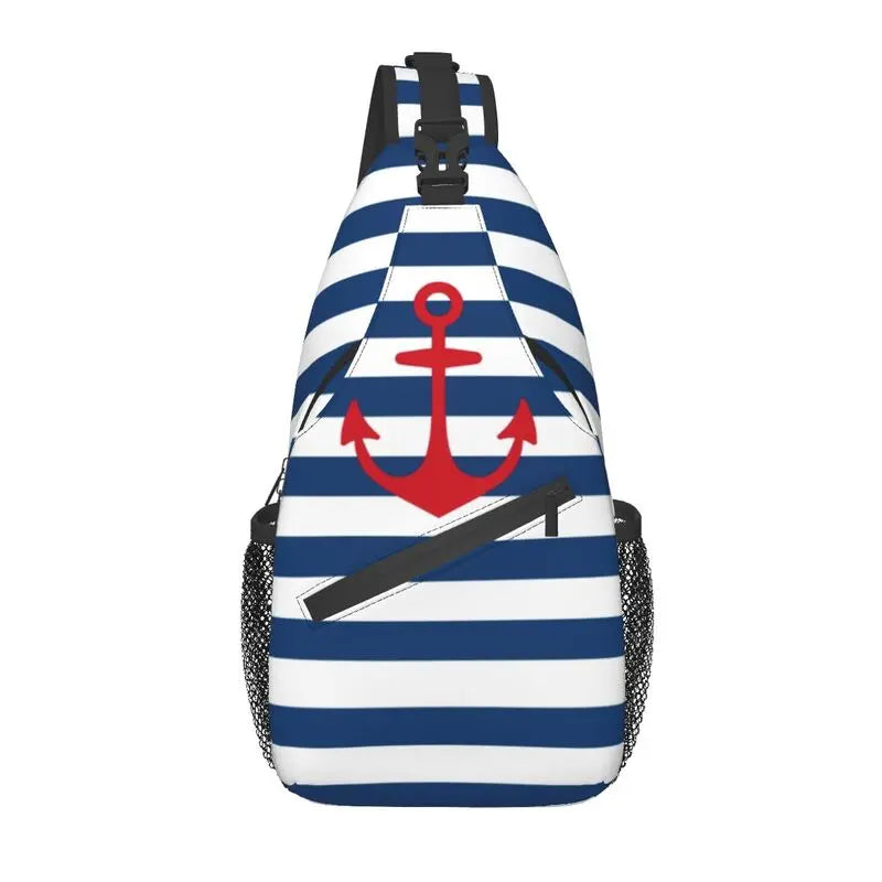 Vintage Anchor With Stripes Sling Chest Crossbody Bag Men Casual Nautical Marine Shoulder Backpack for Hiking