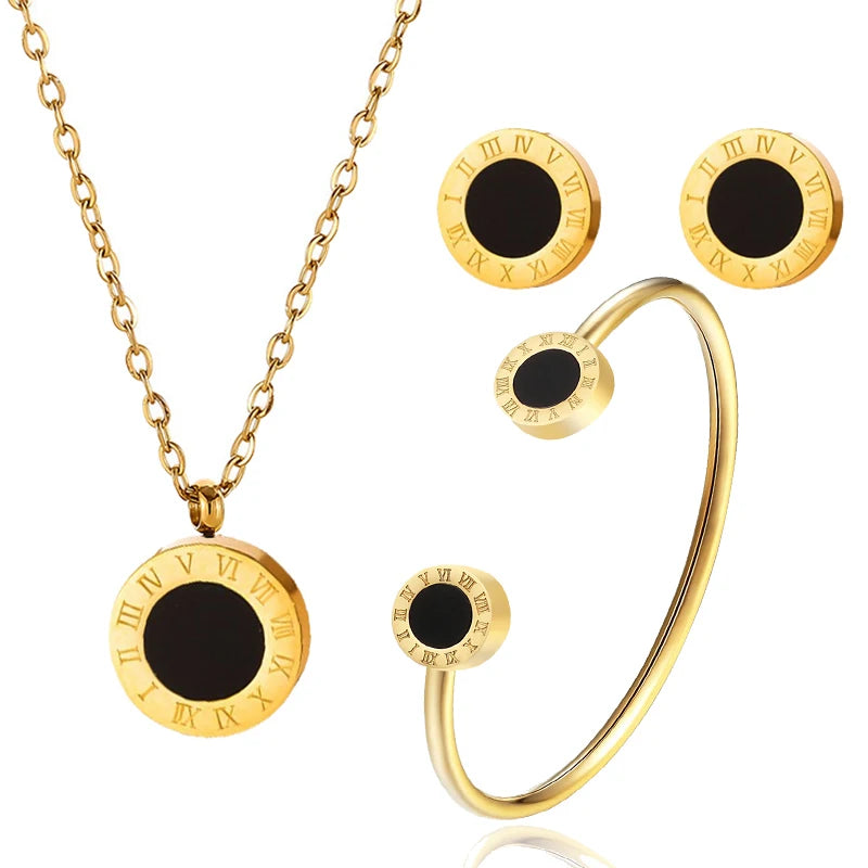 Stainless Steel Roman Number Jewelry Set For Women Black Shell Inlays, Colorfast & Stylish - Includes Bracelet, Necklace Earring Luxlife Brands