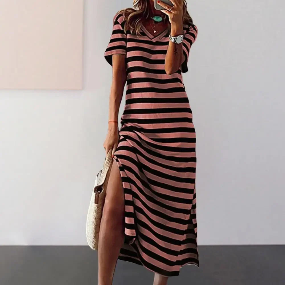Summer Dresses 2023 Woman Plus Size Dresses For Women Casual Stripe Print V-neck Short Sleeve Loose Long Dress Robe Femme LUXLIFE BRANDS