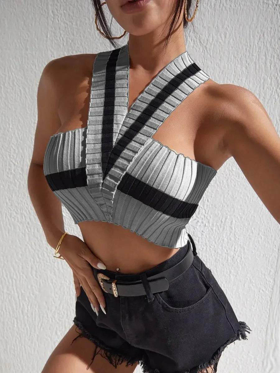 Summer New Women Sexy Casual Colorblock Crisscross Backless Halter Knit Crop Tops Femme Slim Stretch Sleeveless Y2k Tank Tee