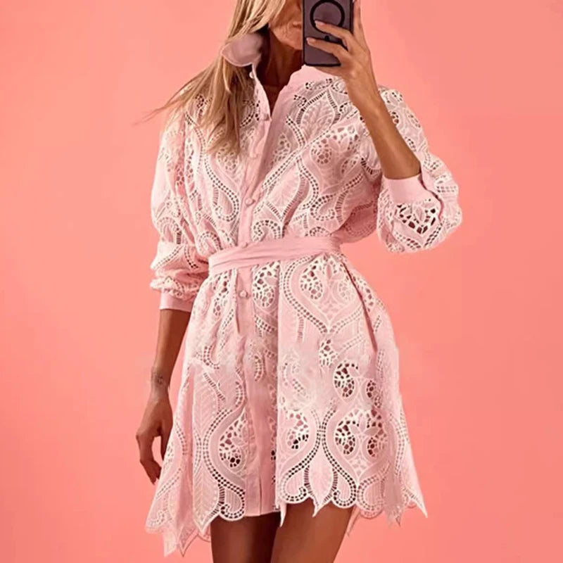 ONEINALL Hollow Out Embroidery Dress For Women Lapel Long Sleeve High Waist Spliced Single Breasted Casual Mini Dresses Female