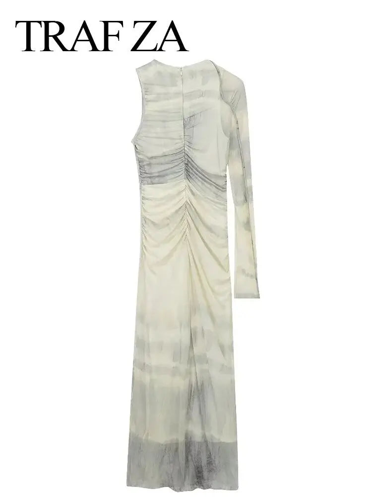 TRAFZA Women's Printed Tulle Asymmetric Dress Vintage One Long Sleeve Ruched Dress O Neck Back Zipper Slim Female Long Dress