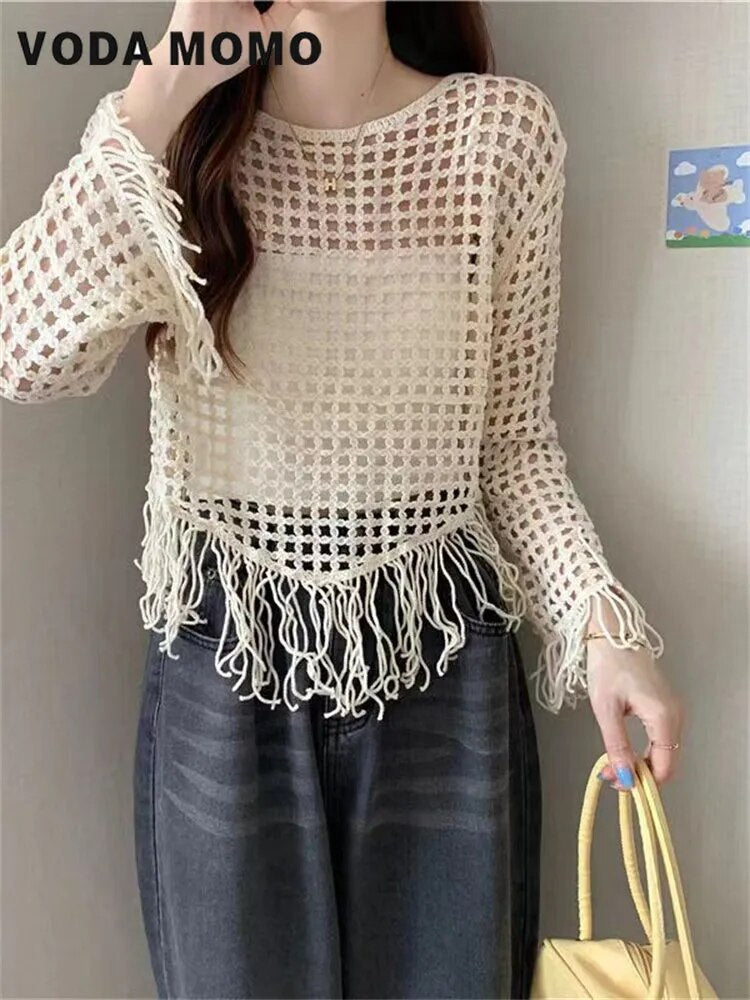 Summer Lady Fashion Hollow Out Harajuku Vintage Korean Style Long Sleeve Holiday Handmade Crochet Casual Knitted Pullovers Women LUXLIFE BRANDS