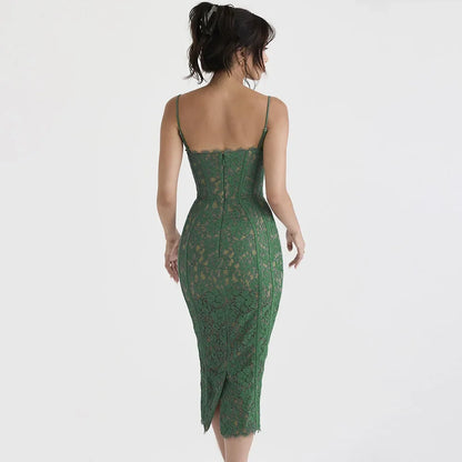 Summer Long Elegant Formal Occasion Dress Green Spaghetti Strap V Neck Lace Dress Vintage Birthday Party Dresses 2023