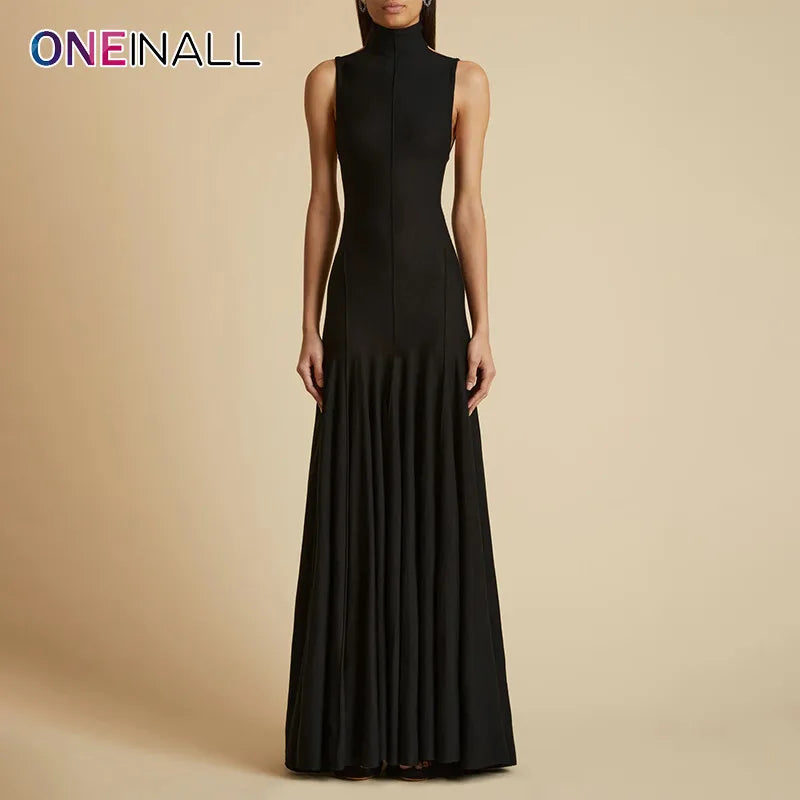 ONEINALL Backless Sexy Dresses For Women Stand Collar Sleeveless Off Shoulder High Waist Solid Slim Pleated Maxi Dress Female