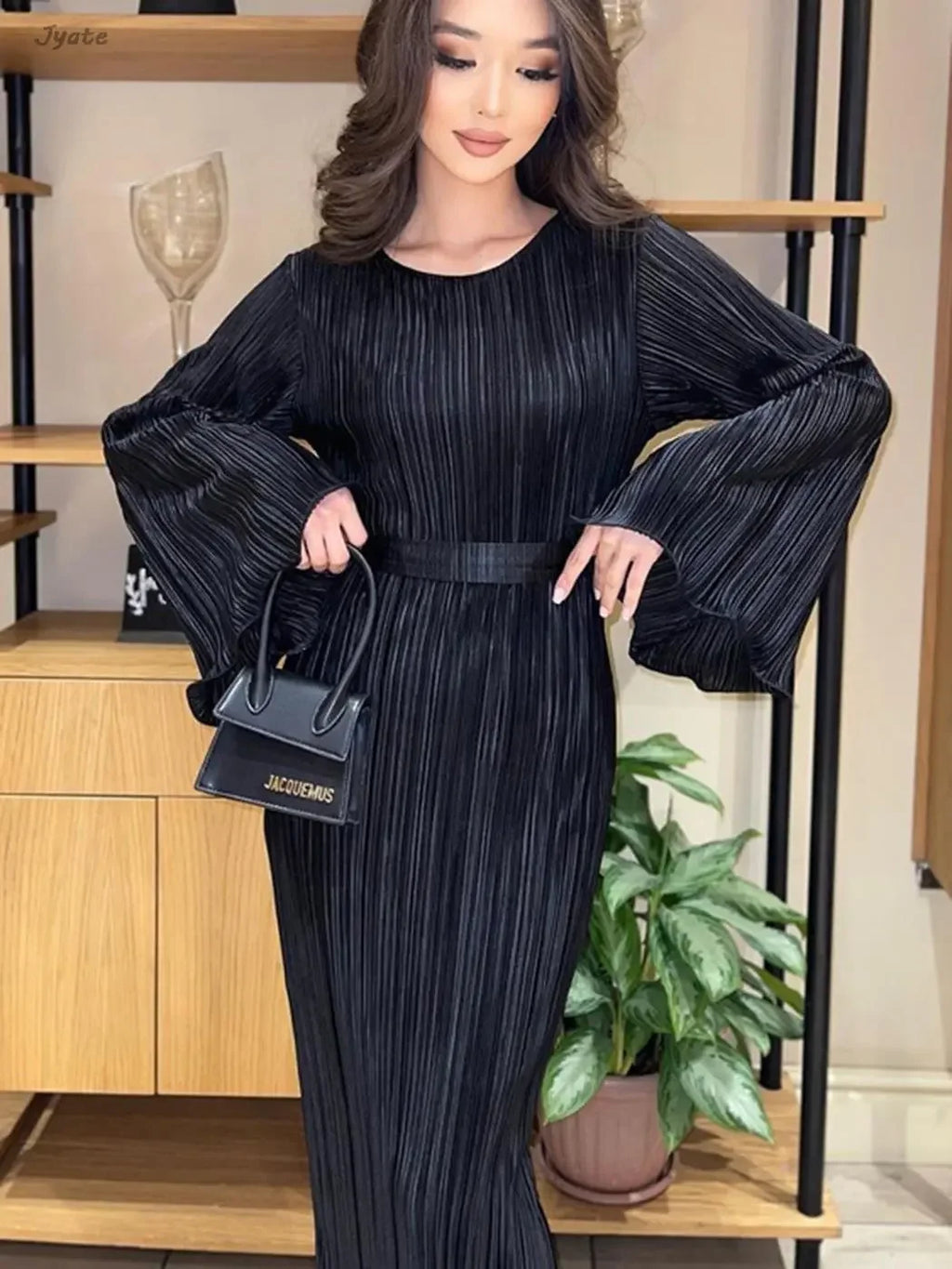 Women's 2023 Autumn New Fashion Pleat Belted Vestidos Elegant Flare Long Sleeve Long Fold Long Dress Party Prom Slim Robe LUXLIFE BRANDS
