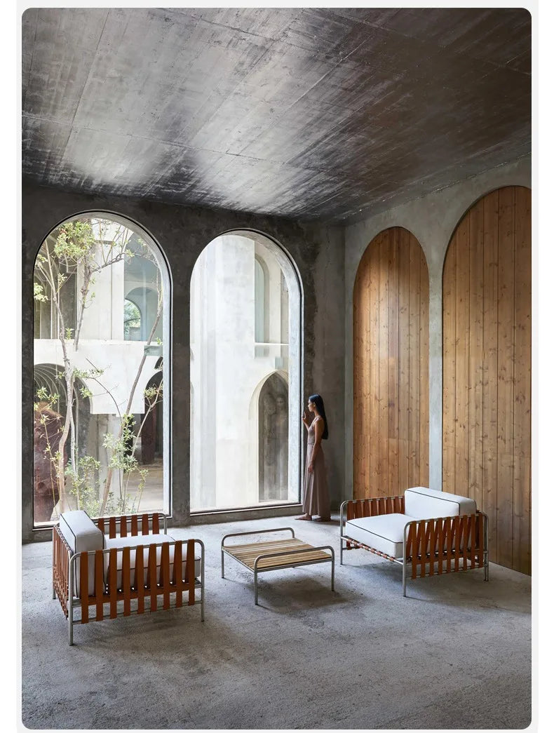 Outdoor stainless steel sofa rattan courtyard villa rain and sun coffee table combination