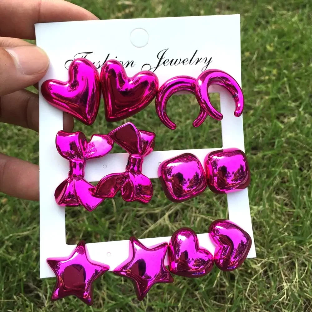 New 6 pair/set Metallic Color Acrylic Y2K Stud Earrings for Women Rock Heart Moon Star Bowknot Square Earring Korea Jewelry Sets