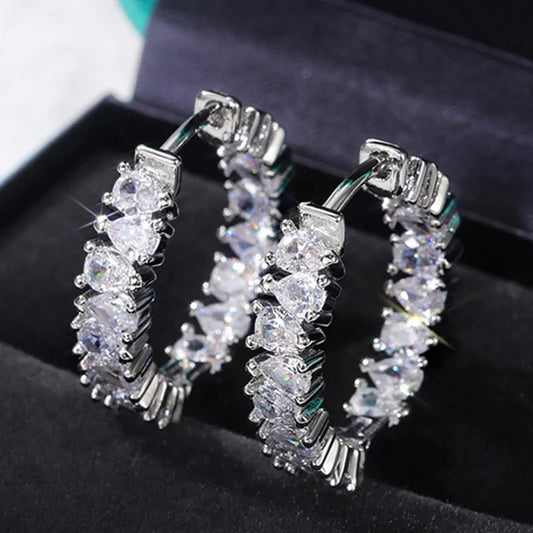UILZ Female Luxury Crystal Square Bride Hoop Earring Silver Color Wedding Jewelry White Zircon Stone Earrings for Women LUXLIFE BRANDS