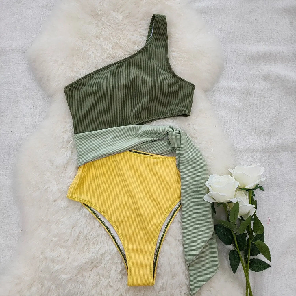 Patchwork One-Piece Swimsuit Women&#39;s Plain One-Shoulder Midriff Outfit Strap Bikini Set Swimwear Women 2023 Seaside Bathing Suit