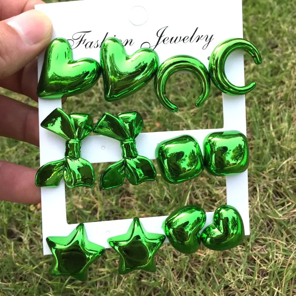 New 6 pair/set Metallic Color Acrylic Y2K Stud Earrings for Women Rock Heart Moon Star Bowknot Square Earring Korea Jewelry Sets