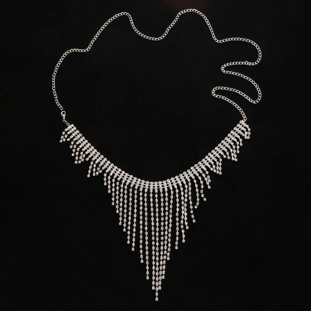 Geometric Rhinestone Tassel Thong Body Chain – Luxury Crystal Lingerie & Shimmering Waist Harness for Raves, Festivals & Beachwear