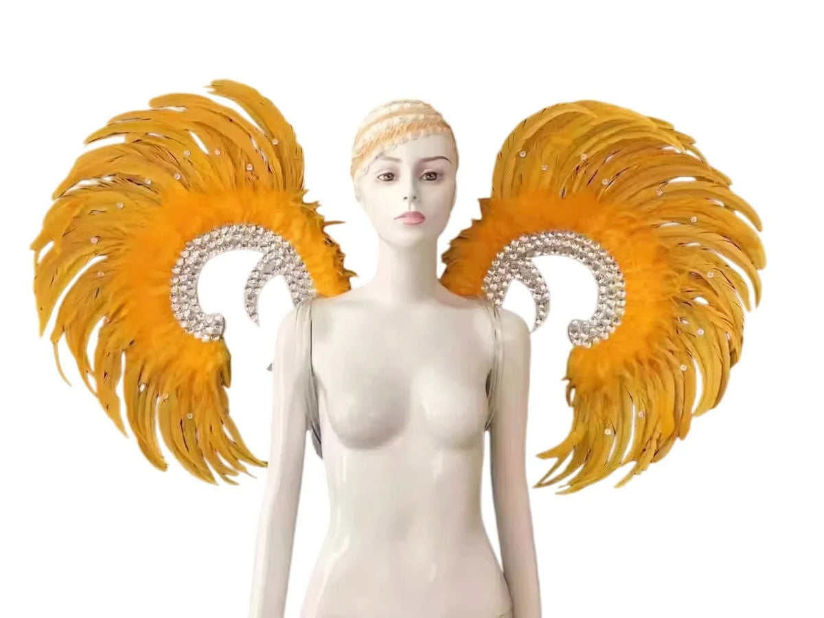 Showgirl Feather Wing Backpiece with Rhinestone Scroll Frames