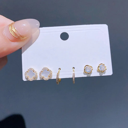 New Mixed Design Shell Flower CZ Crystal Stud Earrings Set Fashion Gold Color Women Jewelry LUXLIFE BRANDS