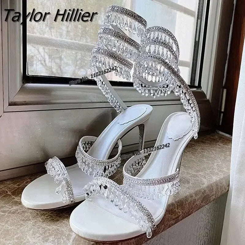 Rhinestone Snake Wrap Sandals Solid Designer Summer Shoes Open Toe Fringes Stiletto Heel Hollow Sandals Women Party Prom Fashion